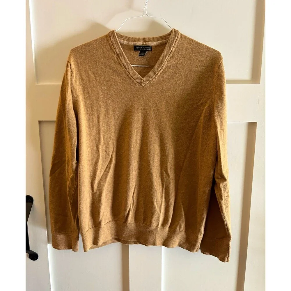 Banana Republic Mens Large Pima Cotton Cashmere V Neck Sweater Carmel Pullover